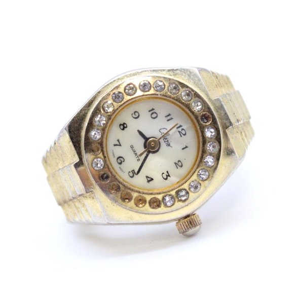 Vintage Collezio Ring Watch Mens Gold Tone Rhinestone Quartz Japan Movt Rare - Picture 1 of 4